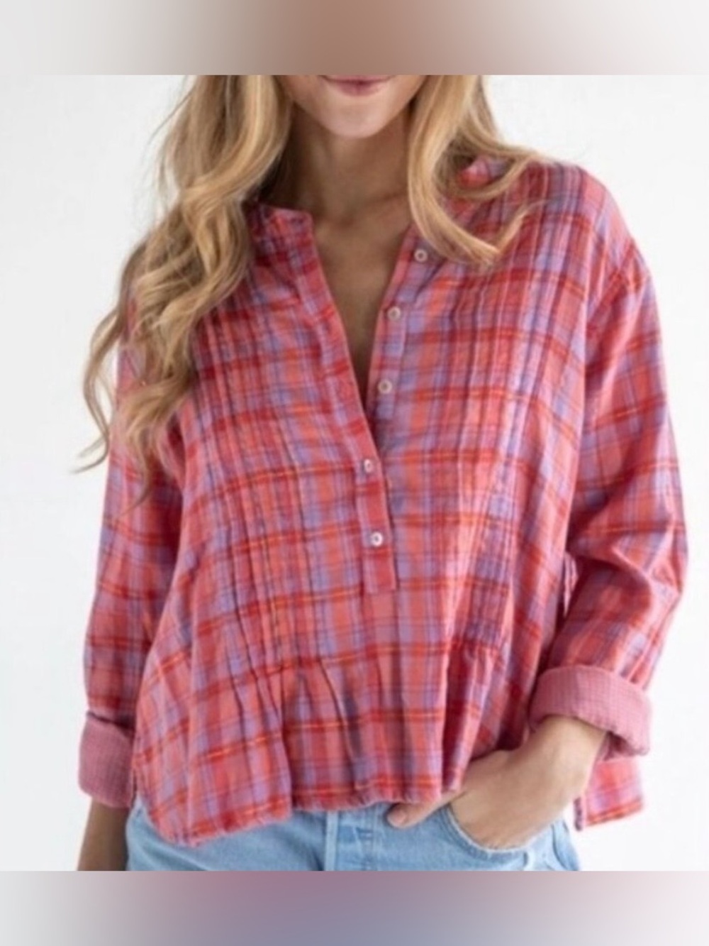 NWT Natural Life Montana Cotton Plaid Pintuck Boho Peasant Henley Boxy Top Sz XL